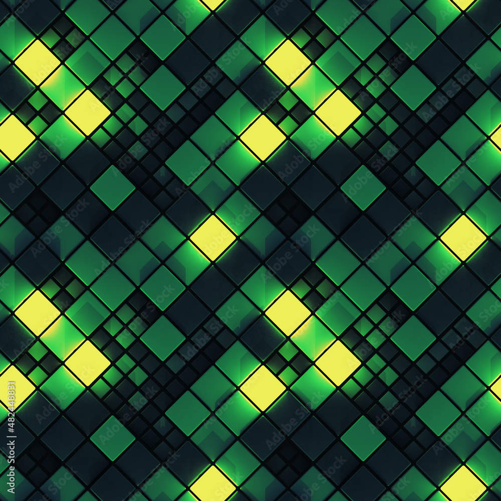 Poster seamless pattern of geen concrete and illuminating cubes 3d render
