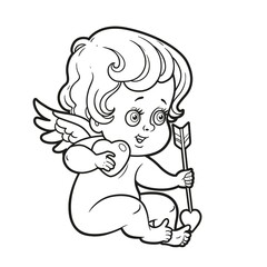 Cute cartoon cupid with a heart and an arrow in hands outlined for coloring page isolated on a white background