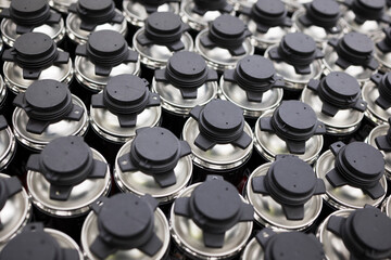 collection of metal cans , high angle view .