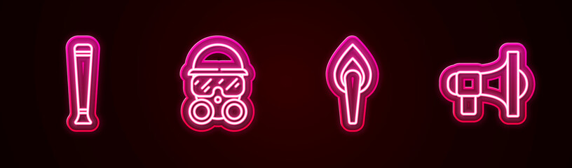 Set line Police rubber baton, Gas mask, Torch flame and Megaphone. Glowing neon icon. Vector