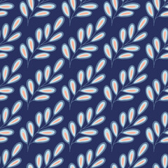 Seamless pattern abstract branch on a blue background. Vector illustration hand drawn. Twig floral element. Botanical exotic plant wrapping or textile print