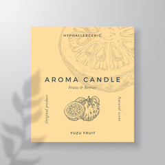 Aroma candle vector label template. Exotic Yuzu fruit scent from local purveyors advert design. Ink style sketch background layout decor Natural smell product package text space