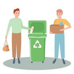 Set of happy men sorting and recycling and reuse the garbage. Zero waste concept. Bundle of cute funny people putting rubbish in trash bins, dumpsters or containers. Flat vector illustration