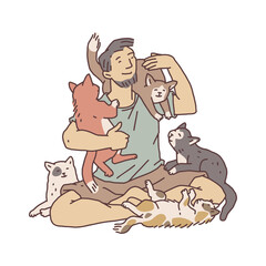 Man with a many cats pet. Doodle contour line illustration.