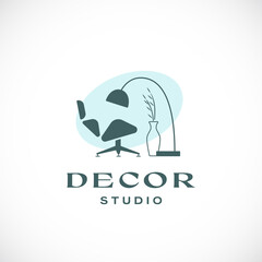 Abstract Vector Furniture and Interior Decor Studio Sign, Symbol, Logo Template. Minimalism Chair and Floor Lamp with Vase Silhouette. Premium Quality Business Emblem. Isolated