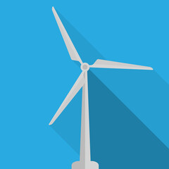 wind turbine with drop shadow on blue background, wind power plant symbol, vector illustration