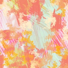 Seamless pattern of abstract elements in orange and green shades on a pink background for textiles, for a cover.