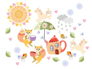 Wonderful print for baby carpet, pillow, blanket, postcard, towels. Cute squirrels with cups, cartoon unicorns, funny birds, teapot that looks like house, beautiful sun, clouds and flowers.