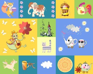 Patchwork pattern for kids with dancing dino, Indian elephant, fairytale castle, flowers, cakes, funny teapots, squirrel, cheerful unicorn. Endless print for fabric. Carpet, pillow, wallpaper, napkin.