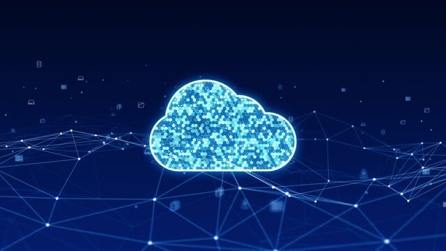 Motion graphic of Blue digital cloud computing logo with line connection and futuristic technology icon levitation on abstract background concept seamless loop video