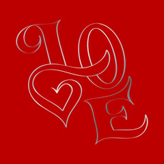 Text LOVE with red letters and shadow, isolated on white background. Vector illustration