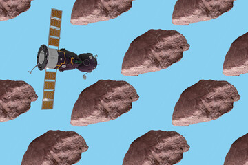 spacecraft model and an asteroid. Orbital station, Orbital artificial earth satellite flies near an...