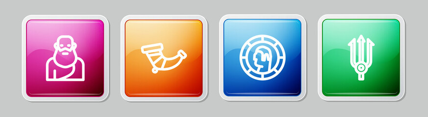 Set line Socrates, Hunting horn, Ancient Greek coin and Neptune Trident. Colorful square button. Vector