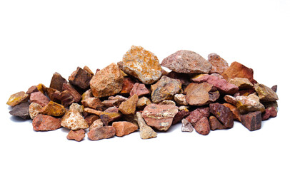 Crushed stone is brown, red. Felsite colored. Isolated on a white background. Wide application in construction, on a garden plot.