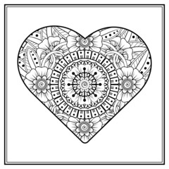 Mehndi flower with frame in shape of heart. decoration in ethnic oriental, doodle ornament.