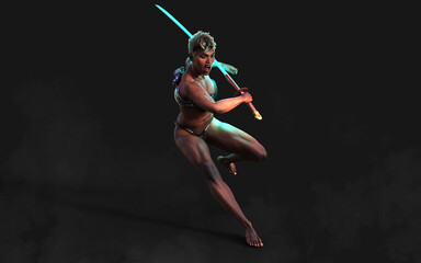 3d Illustration Human Portrait Of A Beautiful Muscular Techno Warrior with A Samurai Sword with Clipping Path  © mrjo_7