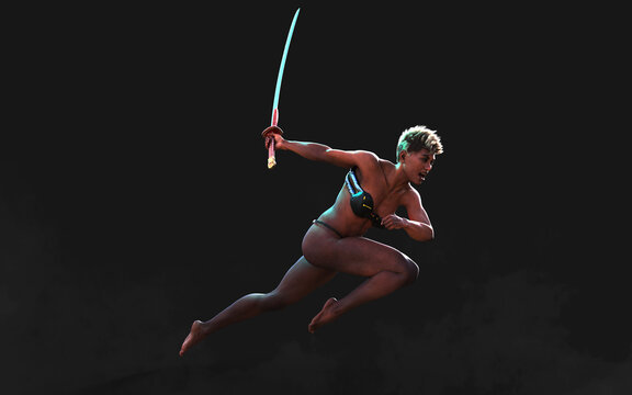 3d Illustration Human Portrait Of A Beautiful Muscular Techno Warrior with A Samurai Sword with Clipping Path 