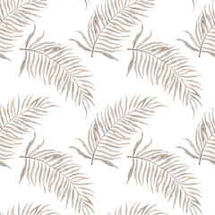 Exotic tropical palm leaves seamless summer watercolor pattern. Pastel colores