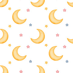 Watercolor colorful moon and stars seamless pattern, childish background for textile, nursery. Pink, blue, yellow on white