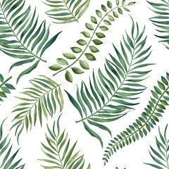 Exotic tropical palm leaves seamless summer watercolor pattern.