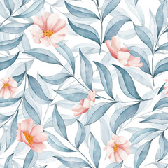Watercolor rose hip or anemone pink flower and branches, leaves seamless pattern.