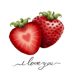 Strawberry in heart shape watercolor isolated on white. Valentines day, love, dessert background. "I love you" handwritten text
