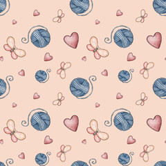 Ball of blue yarn, heart, butterfly watercolor seamless pattern. Favorite hobby, knitting, handmade background