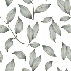 Seamless watercolor floral pattern, leaves and branches background for textile, packaging, wallpaper, greeting cards