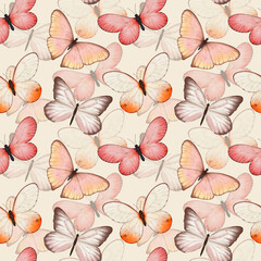 Watercolor tropic exotic butterfly seamless pattern. Spring background with butterfy for textile, wallpaper, greeting cards