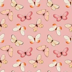 Watercolor tropic exotic butterfly seamless pattern. Spring background with butterfy for textile, wallpaper, greeting cards