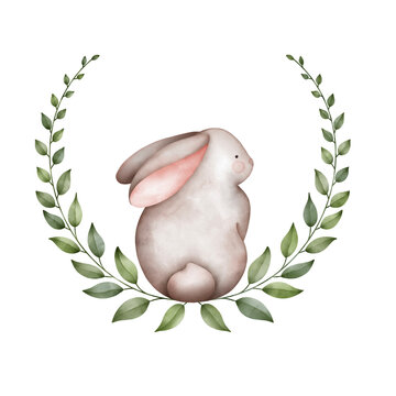 Watercolor rabbit and wreth of leaves isolated on white. Easter design