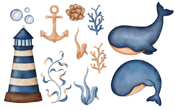 Set of watercolor marine life cartoon childish elements. Lighthouse, whale, anchor, coral, bubble, algae. For stickers or pattern