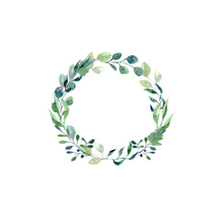 Watercolor composition with green twigs on white background. Wreath, border, frame