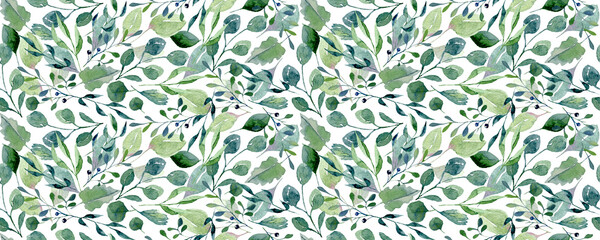 Watercolor seamless pattern with green twigs. Spring botanic print with natural elements - 482452862