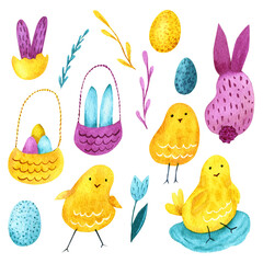 Set of watercolor Easter decorative elements. Chickens, rabbits, flower, eggs and plants for holiday design - 482453067