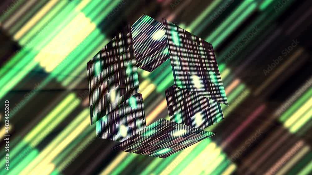 Poster abstract magic glowing cube with moving sides with digital glowing tiles. motion. futuristic backgro
