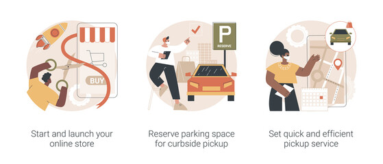 Online store pickup service abstract concept vector illustration set. Reserve parking space, curbside pickup, small business amid pandemic, grocery and essentials, employee safety abstract metaphor.