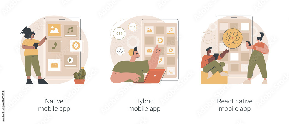 Poster smartphone application abstract concept vector illustration set. native, hybrid and react-native mob