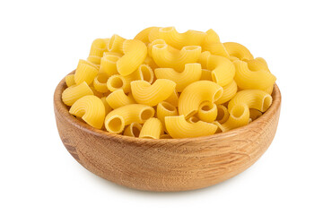 raw macaroni pasta in wooden bowl isolated on white background with clipping path and full depth of field