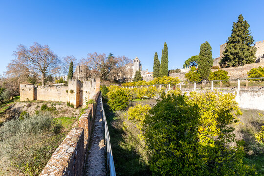 Convent of Christ or 'Convento de Cristo' is ornately sculpted, Manueline style, hilltop Roman Catholic convent in Tomar, Portugal. Templar stronghold complex is a historic and cultural monument.