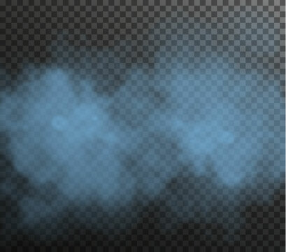 Vector isolated smoke PNG. Blue smoke texture on a transparent black background. Special effect of steam, smoke, fog, clouds.	
