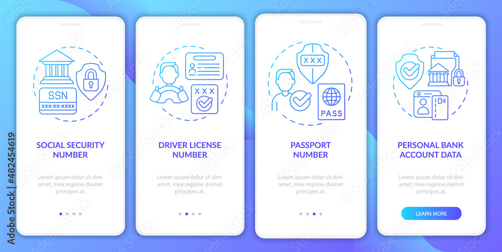 Poster highly sensitive data blue gradient onboarding mobile app screen. walkthrough 4 steps graphic instru