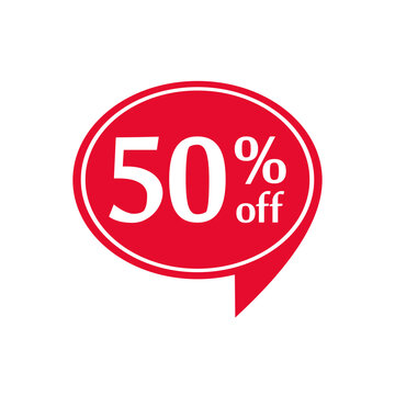 The sticker is red with the image of a speech bubble, a sale sign with a 50 discount.