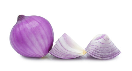 Whole, sliced red onion isolated on white background.