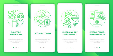 Privacy countermeasures green gradient onboarding mobile app screen. Walkthrough 4 steps graphic instructions pages with linear concepts. UI, UX, GUI template. Myriad Pro-Bold, Regular fonts used