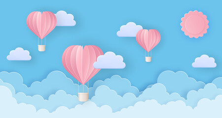 Pink beautiful hot air balloons flying in the sky with clouds and sun. Greeting card, background, banner in paper cut style.