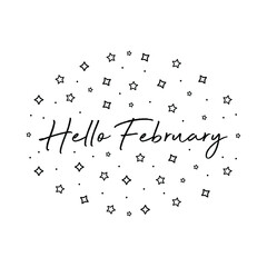 Handwritten Hello February Text On White Background With Stars . Beautiful Card Vector