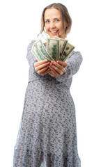 girl in a blue dress on a white isolated background. beautiful portrait of a woman. holding money and laughing. focus on banknotes