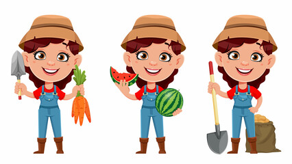 Farmer woman cartoon character, set of three poses