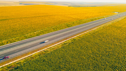 Aerial view of A2 beautiful highway motorway road in Romania through sunflower fields, between Bucharest and Constanta cities. Amazing beautiful road.